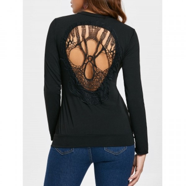 Scoop Neck Long Sleeve Hollow Out Skull Pattern T-Shirt