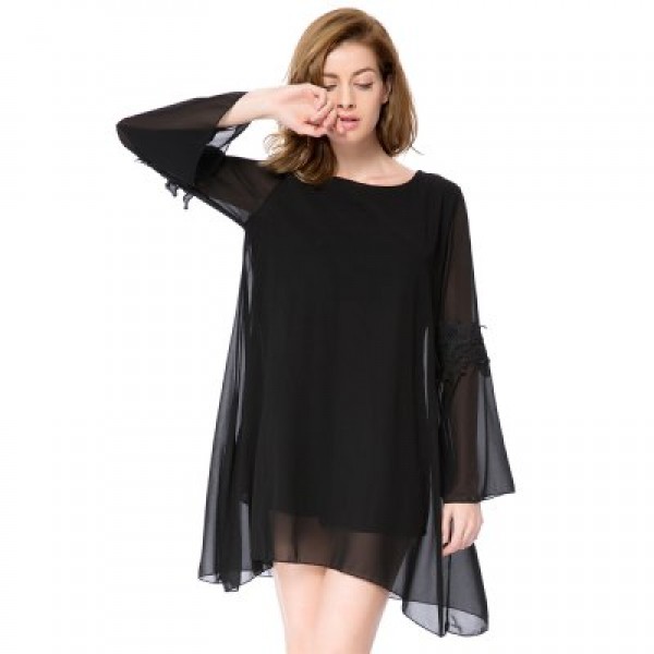 Round Collar Long Sleeve Solid Color Asymmetrical Dress