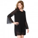 Round Collar Long Sleeve Solid Color Asymmetrical Dress
