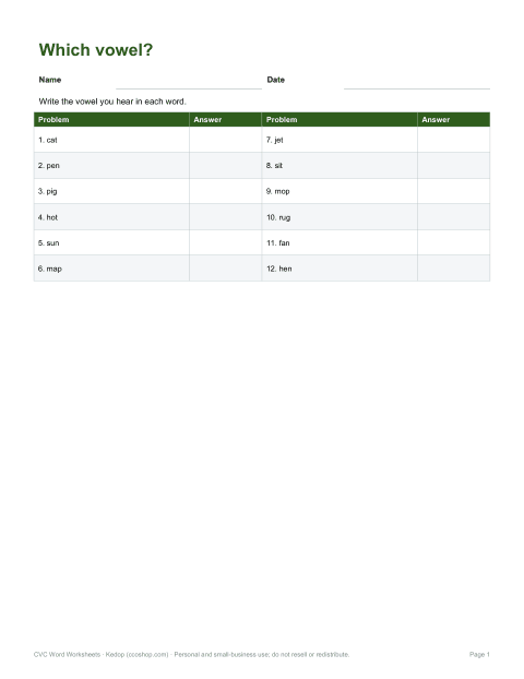 Preview of the first page of Short vowel sort